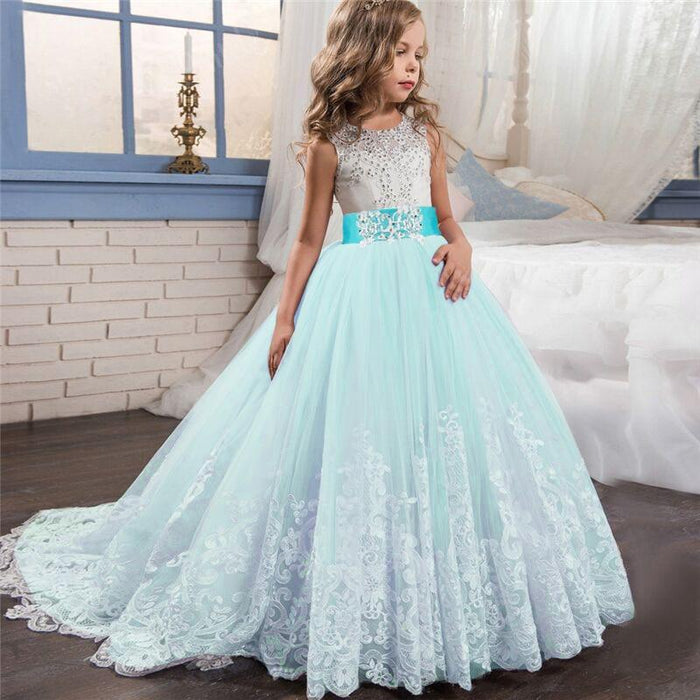 Fashion Sky Blue Sequins Lace Flower Ruffle Birthday Flower Girl Dresses  2024 Ball Gown Scoop Neck Short Sleeve Floor-Length / Long